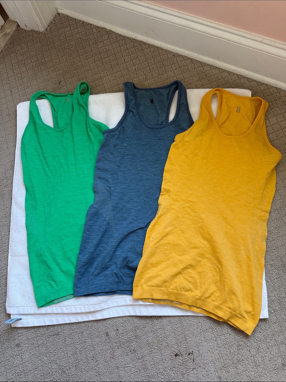 Set of Three Sweaty Betty seamless Tank Tops in Green, Blue & Yellow